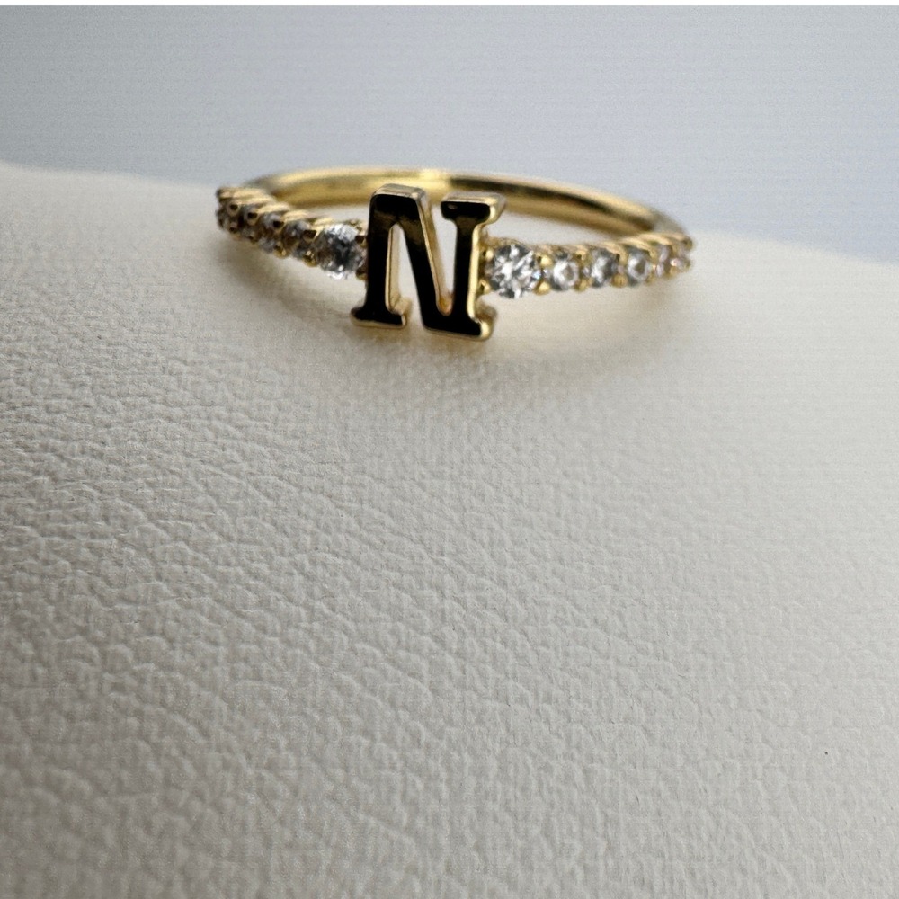 Gold Tone Initial N Ring with Clear Crystal Accents Personalized Jewelry